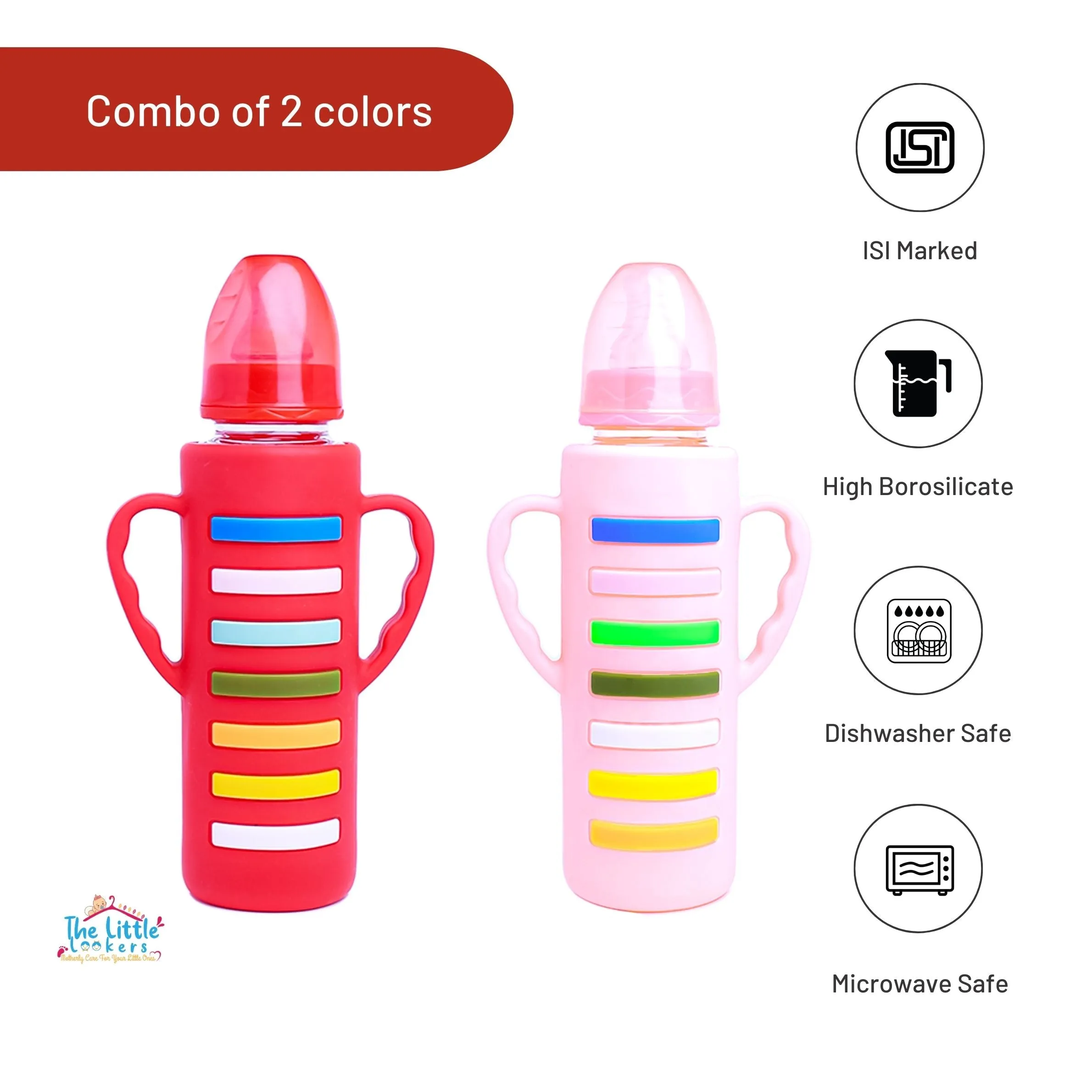 The Little Lookers High Borosilicate Glass Feeding Bottle with Handle Silicon Cover for Baby/Feeder for Newborn | Super Soft Flow Control & Anti Colic Nipple for Infants/Toddlers(Pack of 2)