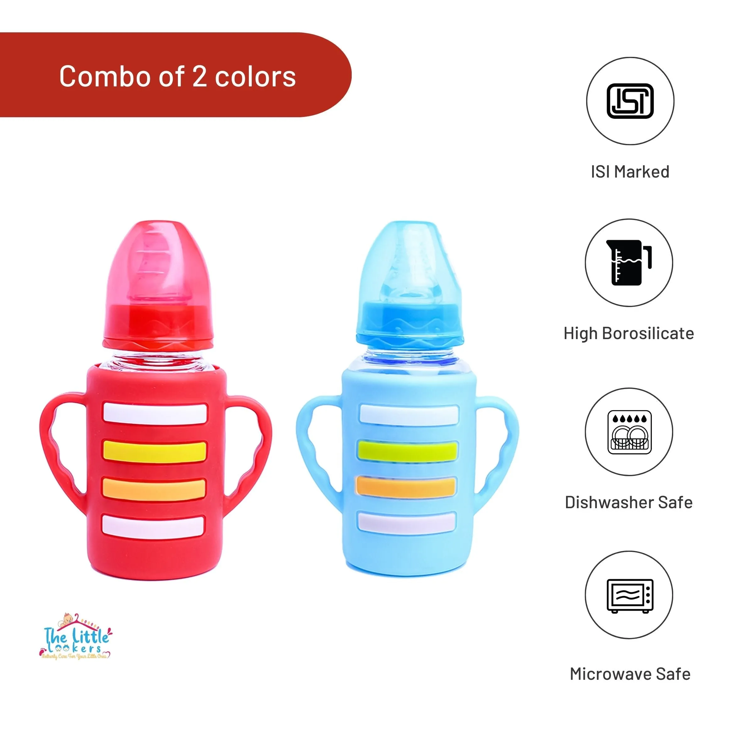 The Little Lookers High Borosilicate Glass Feeding Bottle with Handle Silicon Cover for Baby/Feeder for Newborn | Super Soft Flow Control & Anti Colic Nipple for Infants/Toddlers(Pack of 2)