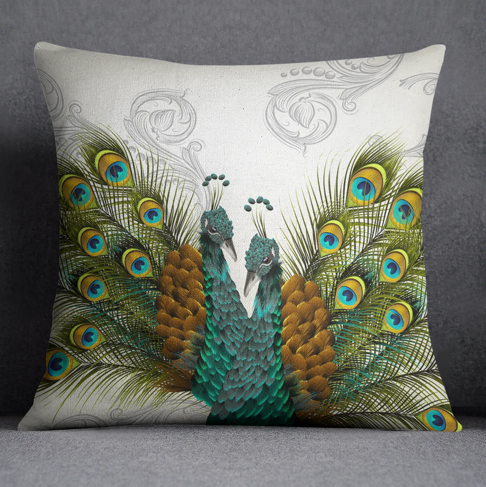 Twin Peacocks Off White Throw Pillow