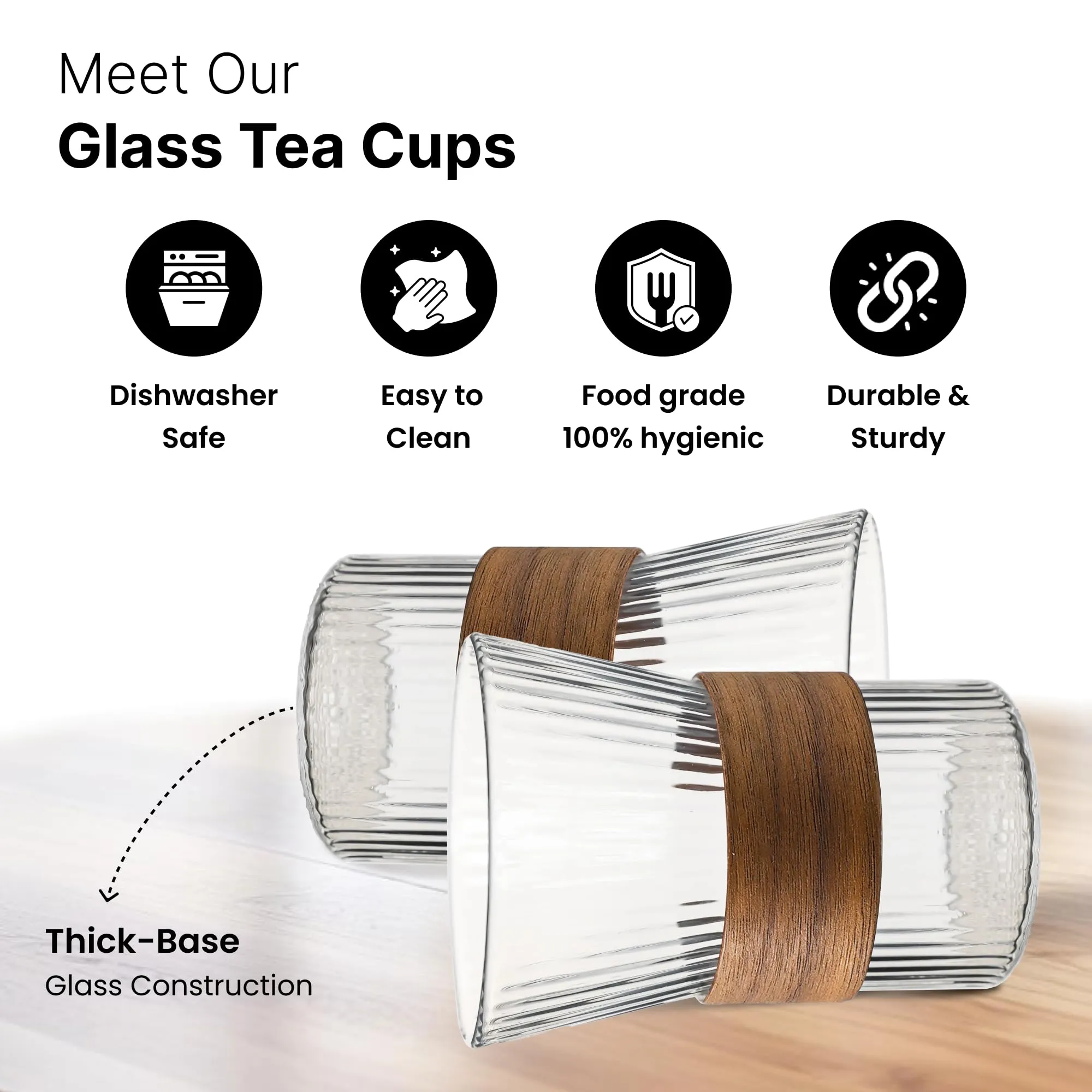 UMAI Tea Cup (Set of 2-280ml Each) Lead Free Coffee Cup with Bamboo Sleeve Grip | Scratch-Resistance Tea Cup Set | House Warming Gifts for New Home | Anniversary Gift for Couple Special