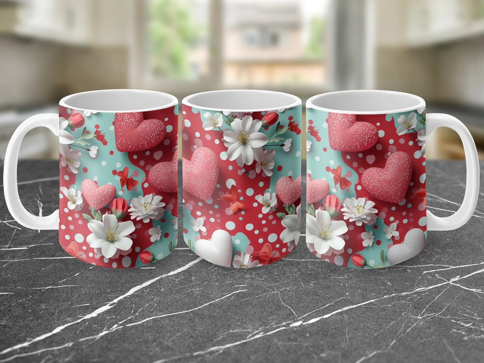 Valentine's Day Mug with Hearts and Flowers, Love Gift Coffee Cup, Romantic Floral Kitchen Decor, Polka Dot Red White Mug