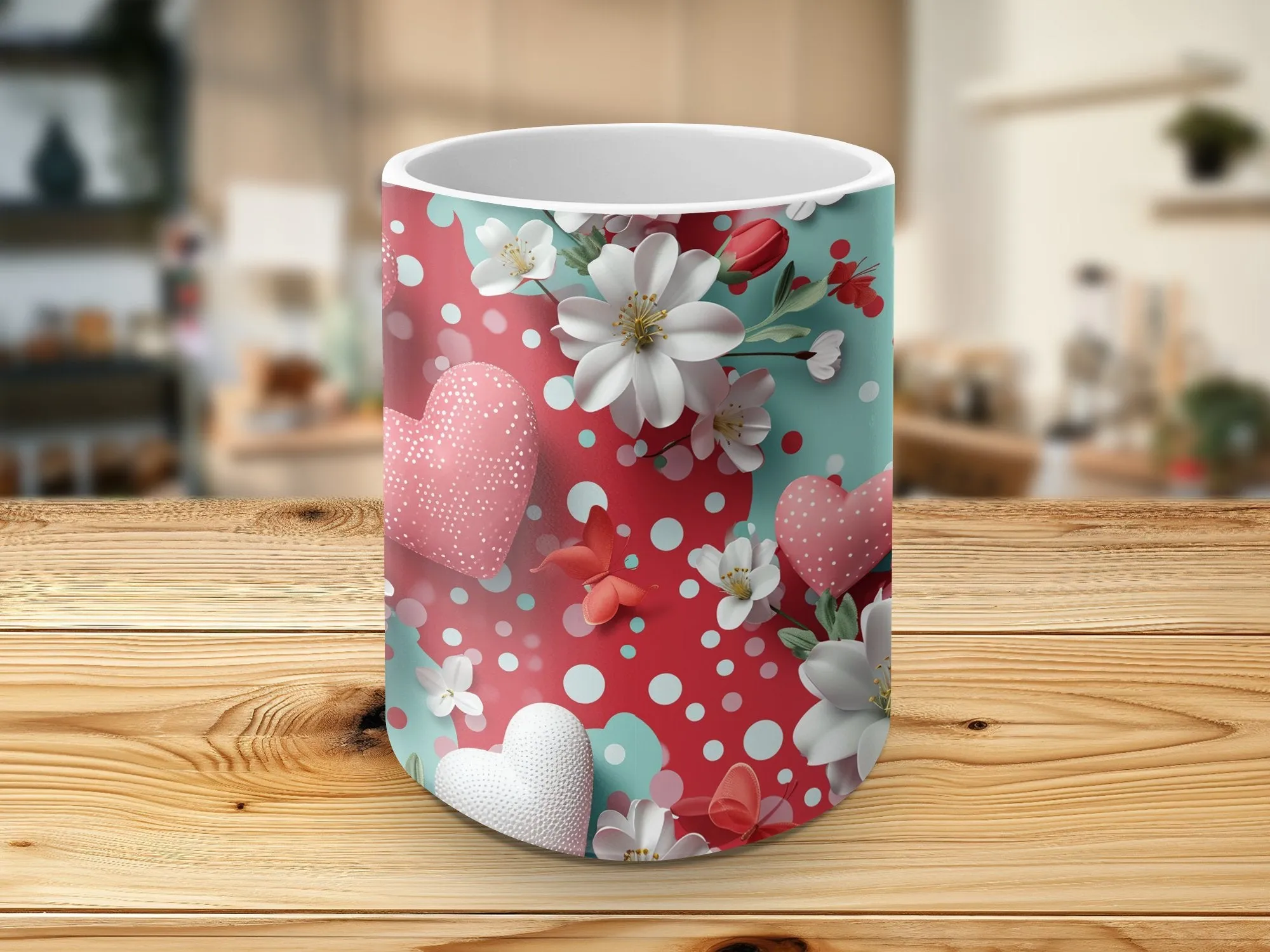 Valentine's Day Mug with Hearts and Flowers, Love Gift Coffee Cup, Romantic Floral Kitchen Decor, Polka Dot Red White Mug