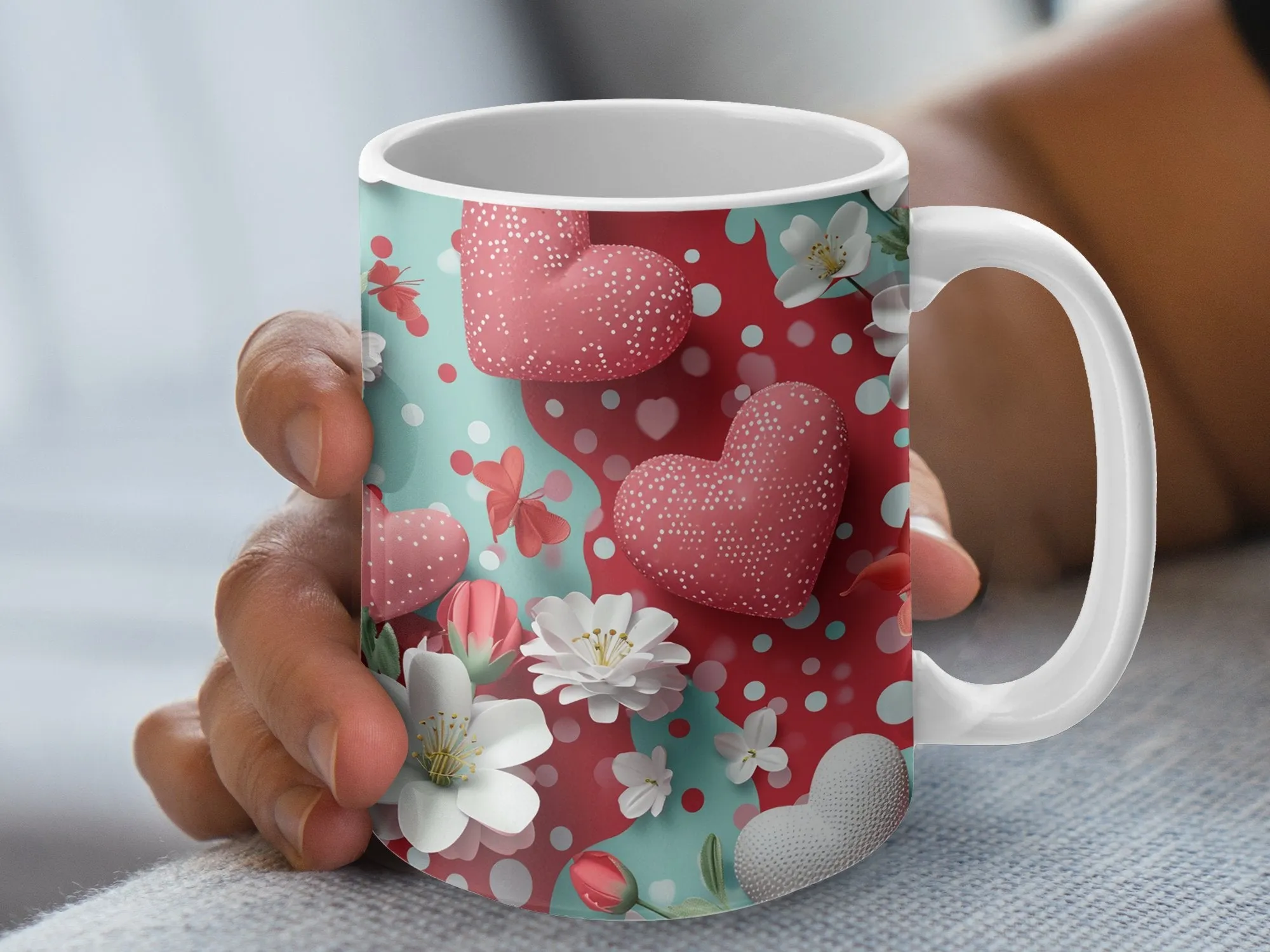 Valentine's Day Mug with Hearts and Flowers, Love Gift Coffee Cup, Romantic Floral Kitchen Decor, Polka Dot Red White Mug