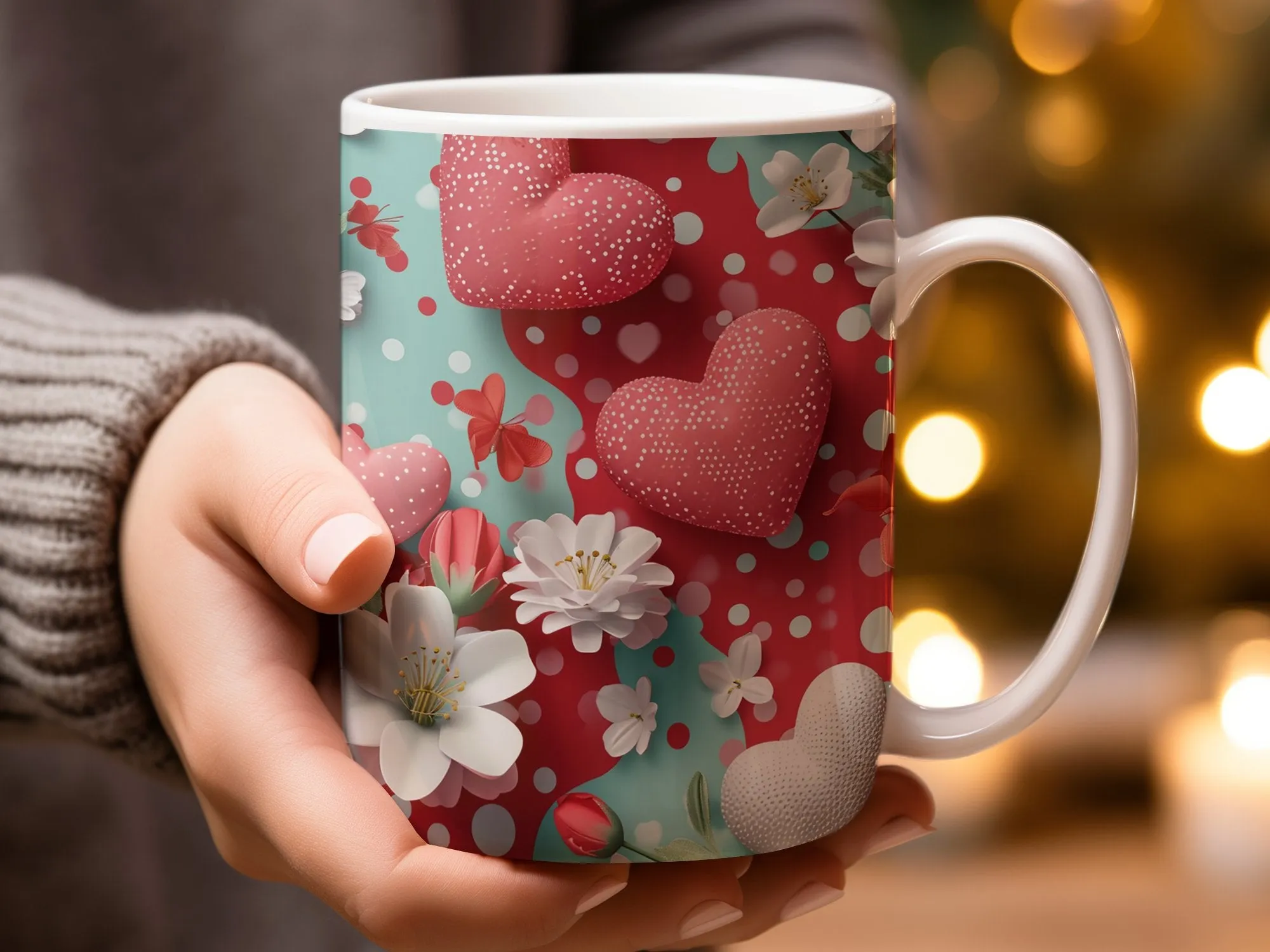 Valentine's Day Mug with Hearts and Flowers, Love Gift Coffee Cup, Romantic Floral Kitchen Decor, Polka Dot Red White Mug