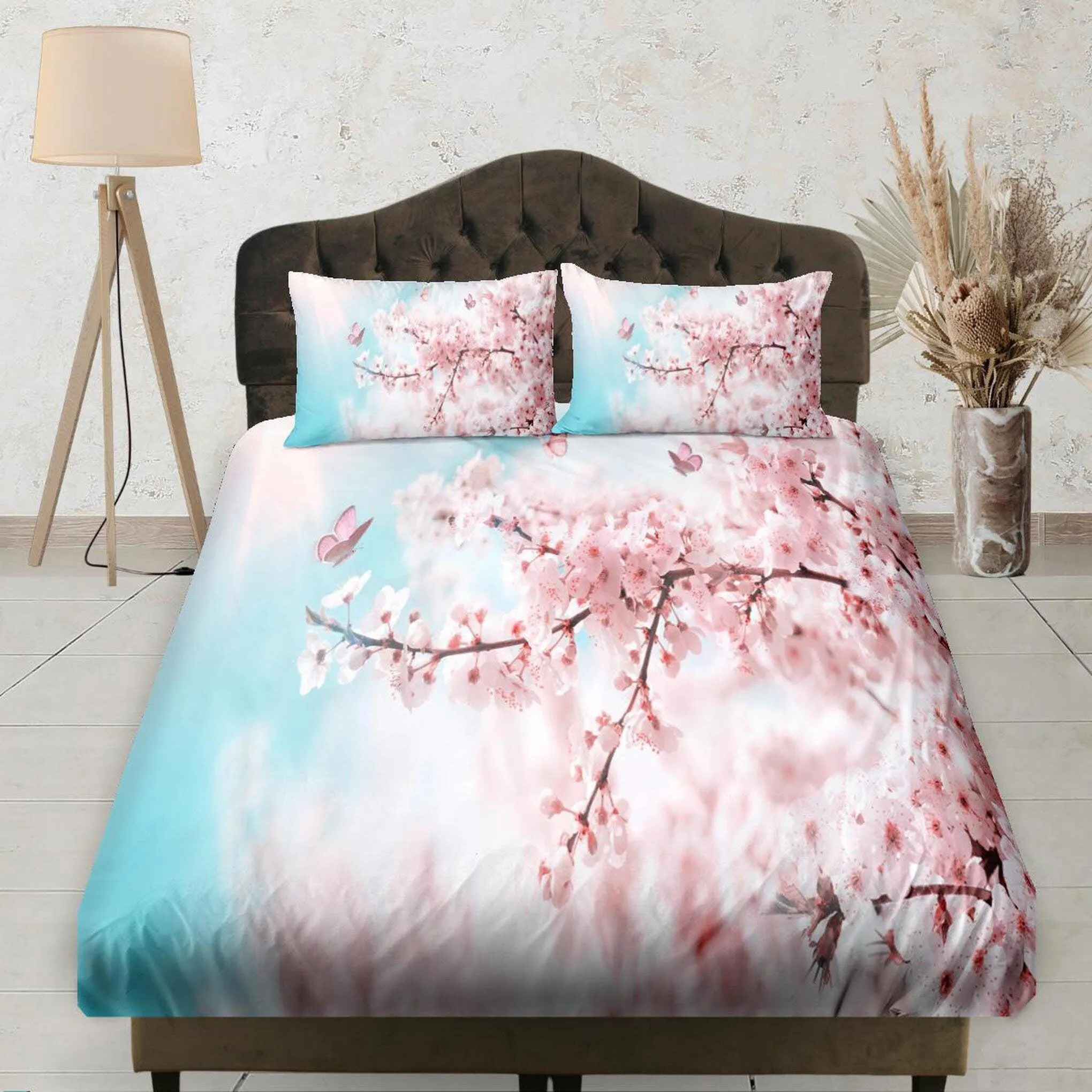 View of Cherry Blossoms with Blue Sky, Fitted Bedsheet, Floral Prints, Boho Bedding Set, Dorm Bedding, Crib Sheet, Shabby Chic Bedding