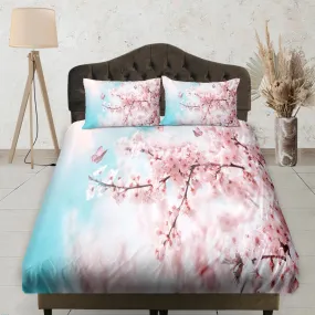 View of Cherry Blossoms with Blue Sky, Fitted Bedsheet, Floral Prints, Boho Bedding Set, Dorm Bedding, Crib Sheet, Shabby Chic Bedding