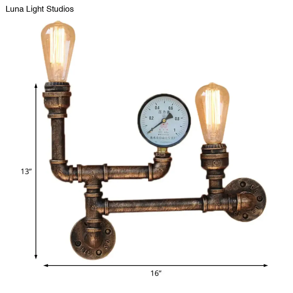 Vintage Antique Brass Iron Wall Mount Lamp with Exposed Bulb and Pressure Gauge - 2 Lights