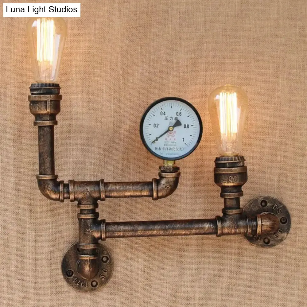 Vintage Antique Brass Iron Wall Mount Lamp with Exposed Bulb and Pressure Gauge - 2 Lights