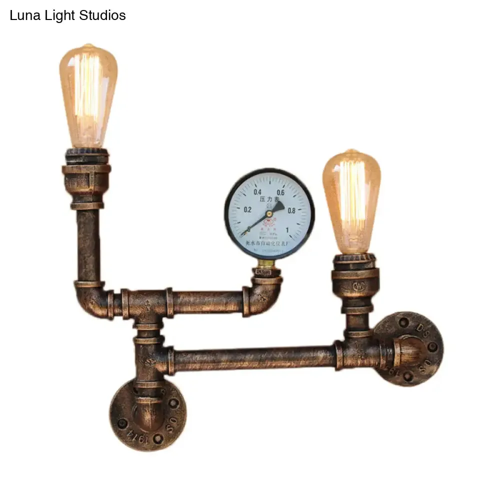 Vintage Antique Brass Iron Wall Mount Lamp with Exposed Bulb and Pressure Gauge - 2 Lights