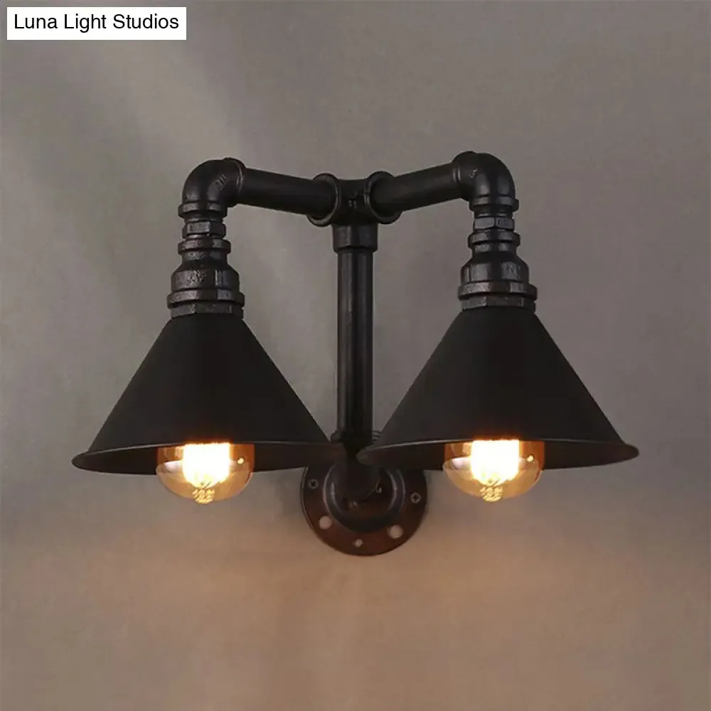 Vintage Cone Wall Lamp - 2-Light Metallic Sconce in Black - 14.5/18.5" Width