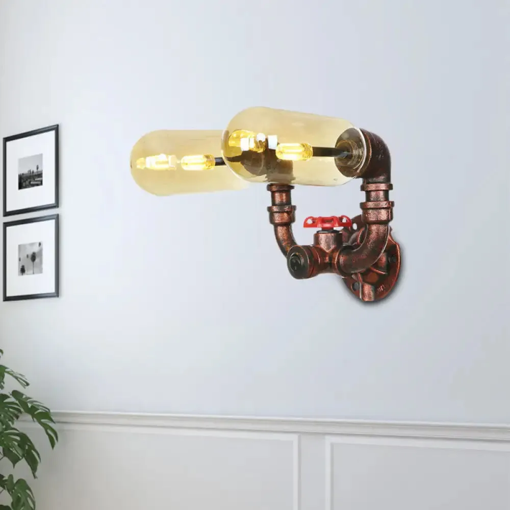 Vintage Copper Pipe Wall Sconce with 2 LED Lights for Living Room