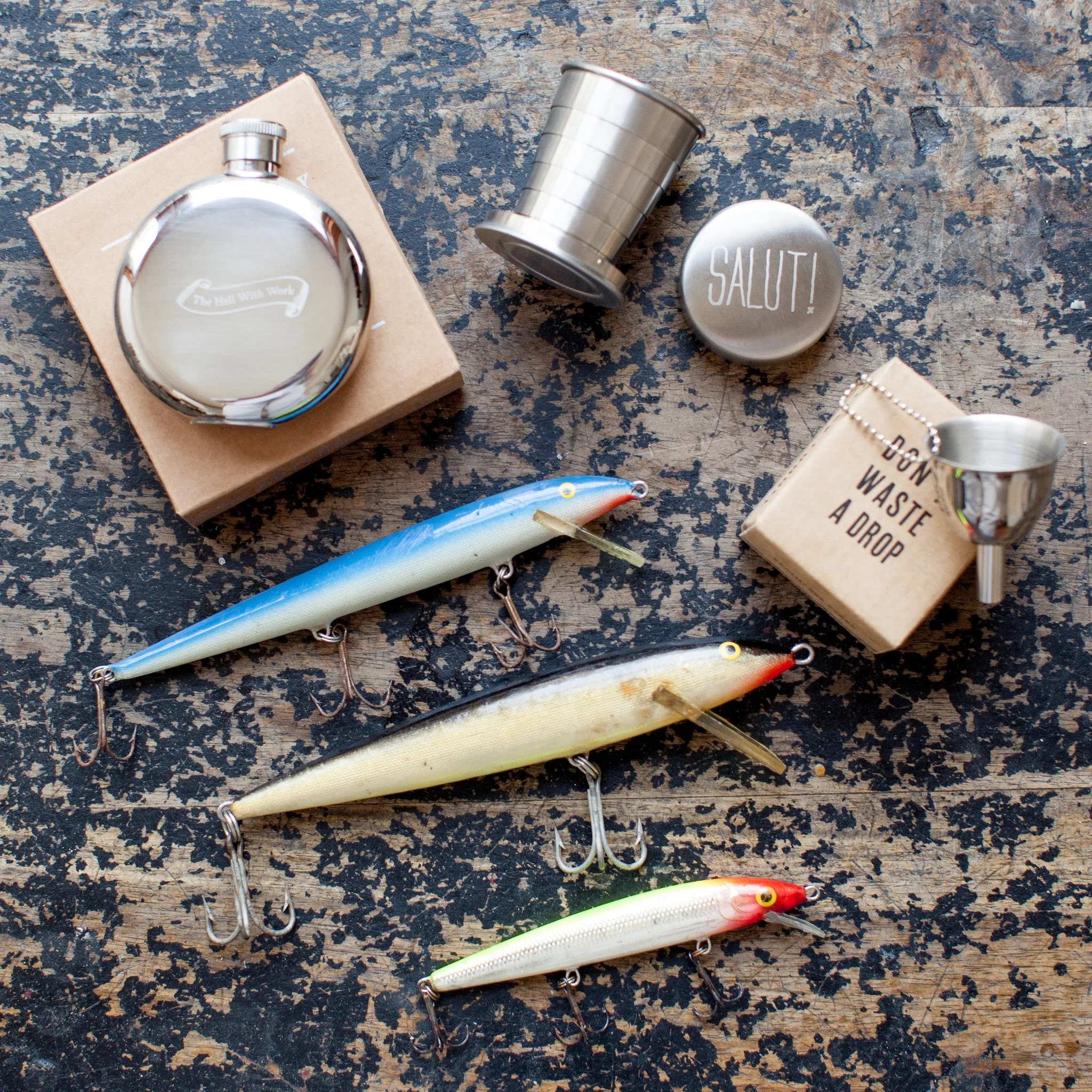 Vintage Fishing Lures with Travel Cup, 3oz Flask, Flask Funnel