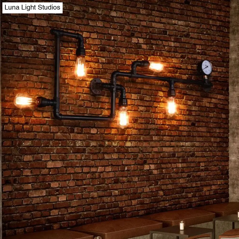 Vintage Industrial Maze Pipe Restaurant Sconce - 5-Bulb Copper Wall Mount Lighting with Gauge Deco