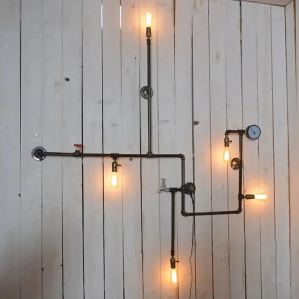 Vintage Iron 5-Light Restaurant Sconce: Plumbing Pipe Wall Mount with Bare Bulb Vintage Style - Black