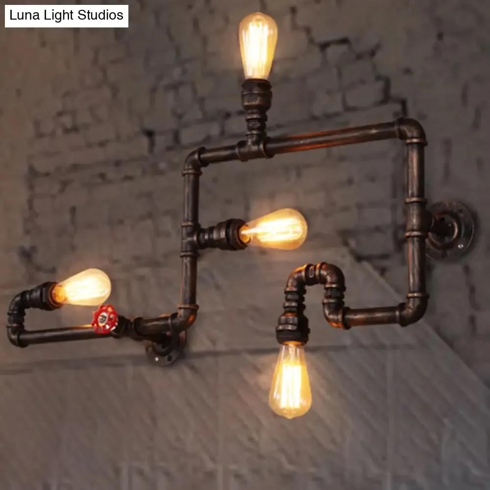 Vintage Rustic Iron Pipe Wall Light Fixture with 4 Lights and Valve Handle for Restaurants