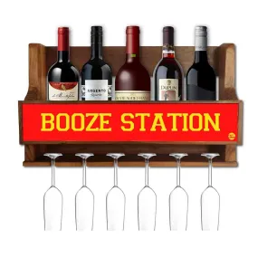 Wall Mounted Wine Rack and Glass Holder Mini Bar Cabinet for 5 Bottles 6 Glasses - Booze Station