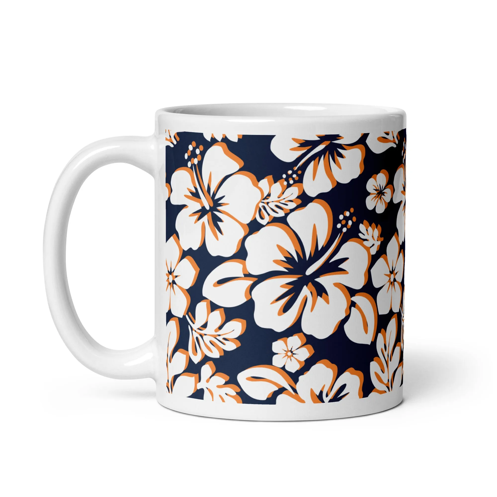 White and Orange Hawaiian Flowers on Navy Blue Coffee Mug