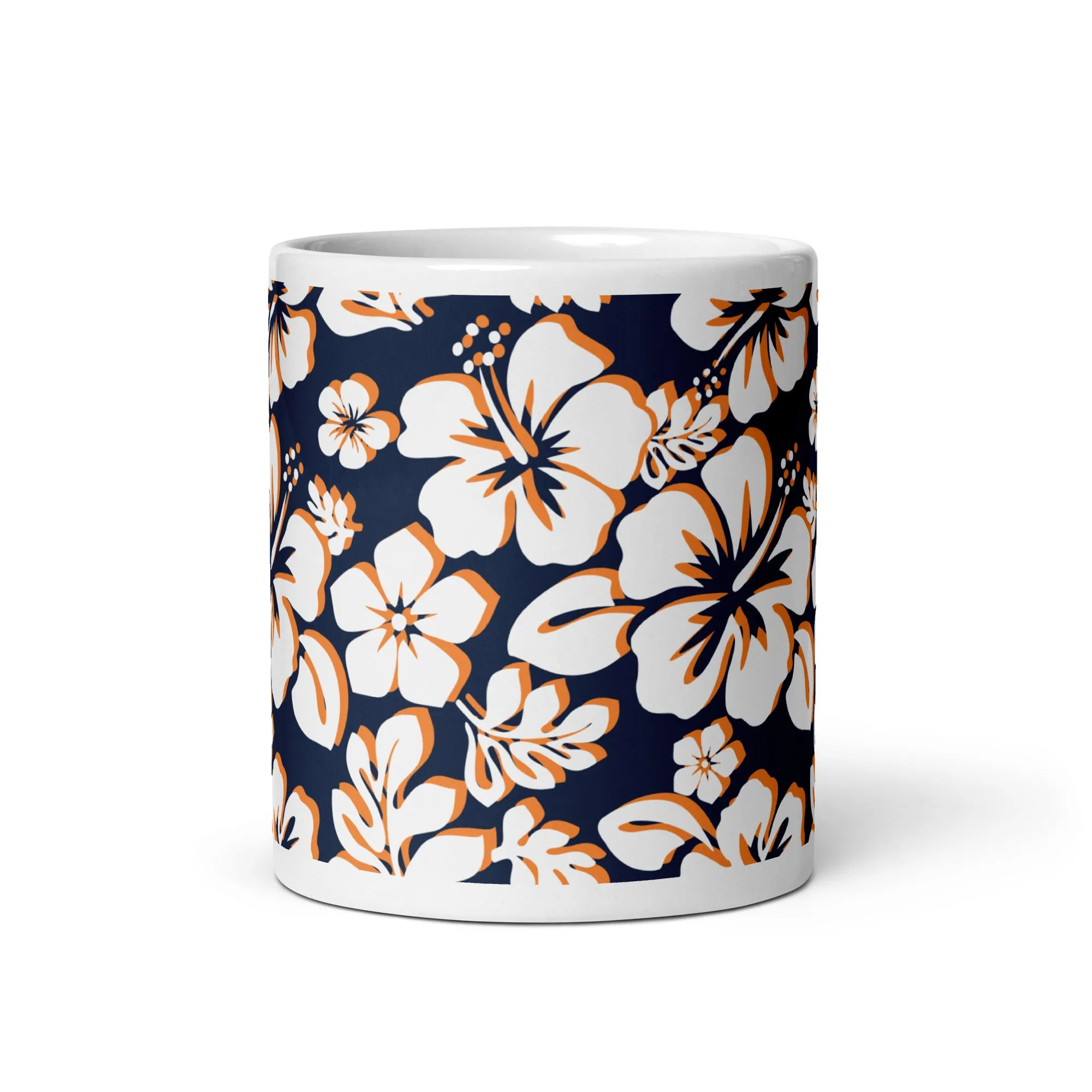 White and Orange Hawaiian Flowers on Navy Blue Coffee Mug