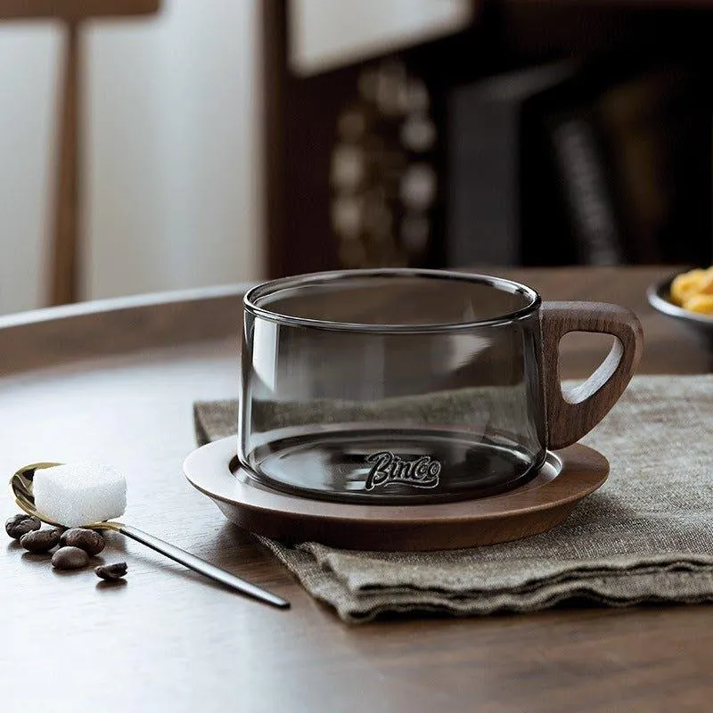 Wide Glass Coffee Mug With Wooden Handle Sets