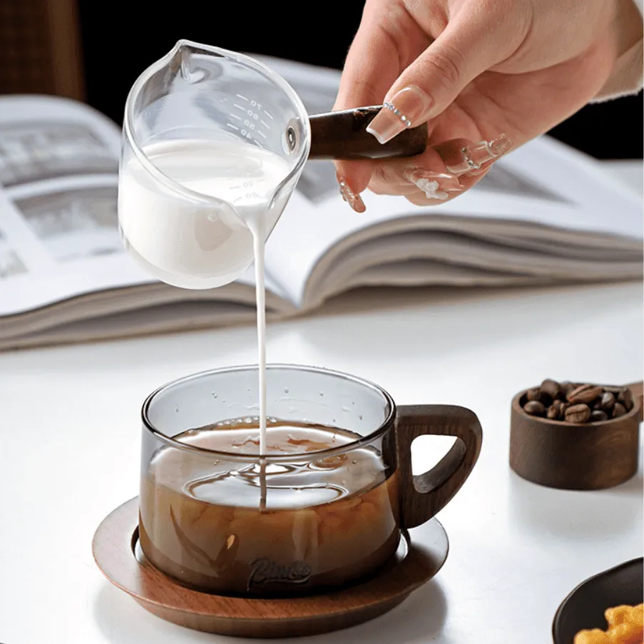 Wide Glass Coffee Mug With Wooden Handle Sets