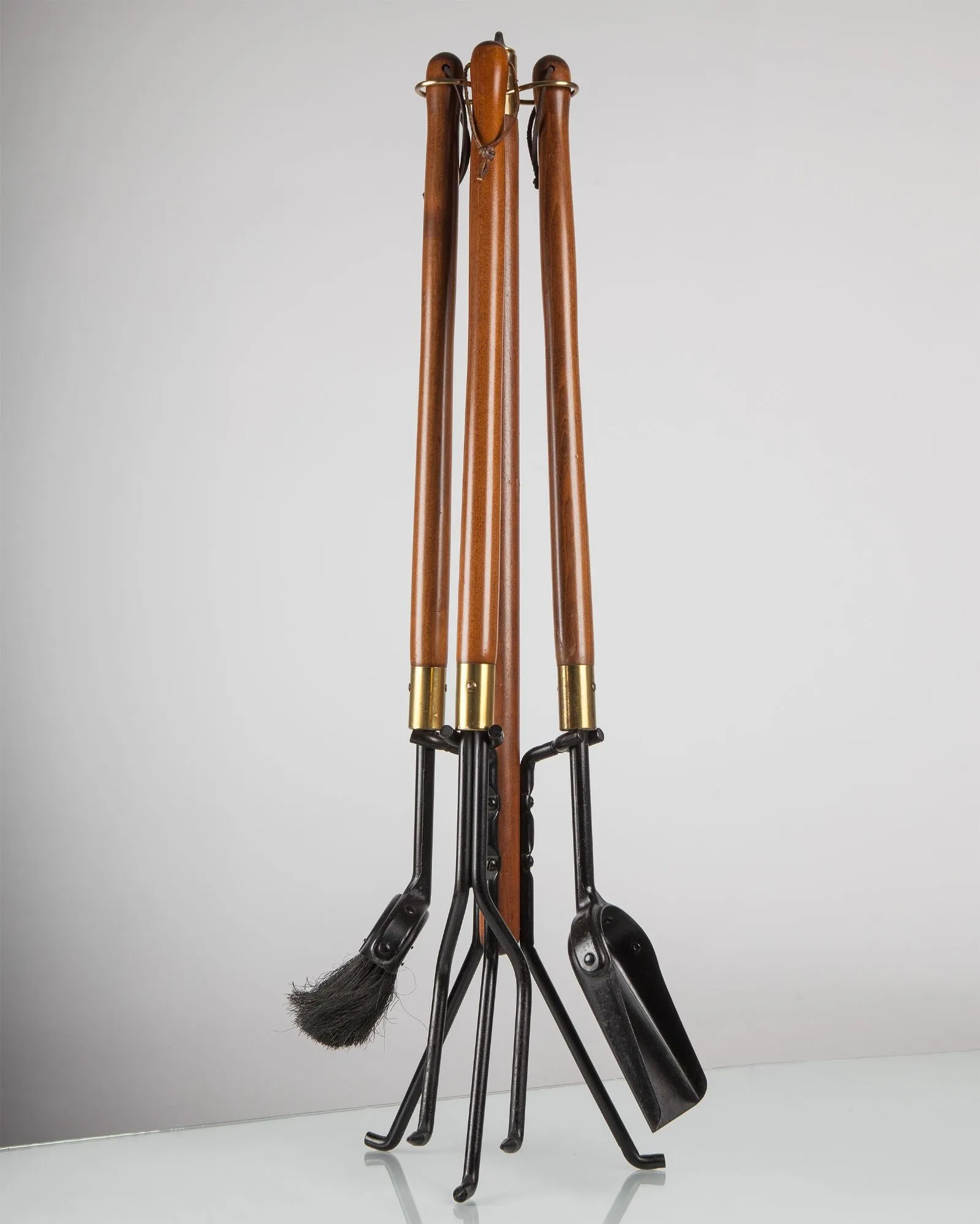 Wrought Iron and Walnut Fire Tools Set