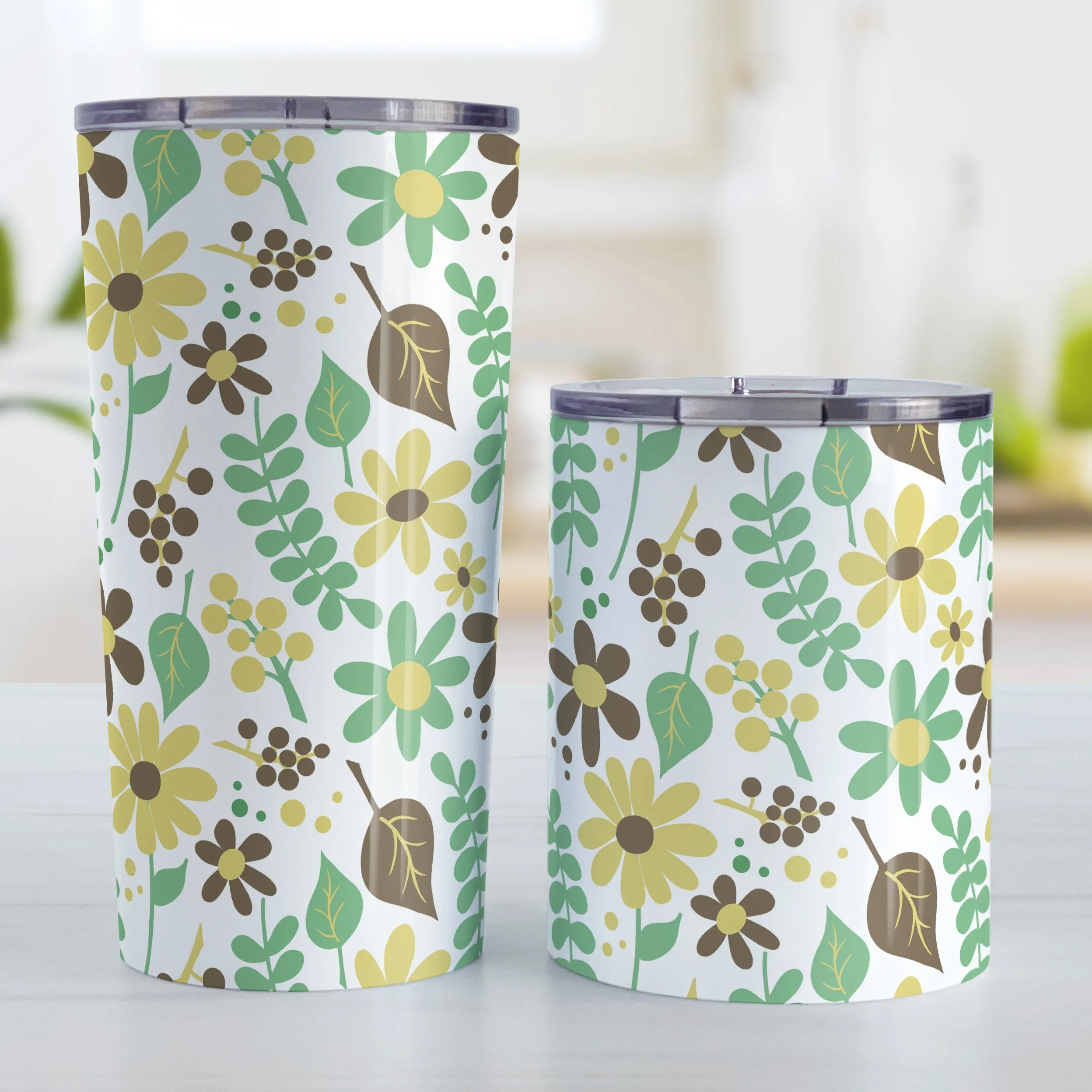 Yellow Green Brown Floral Pattern Tumbler Cup