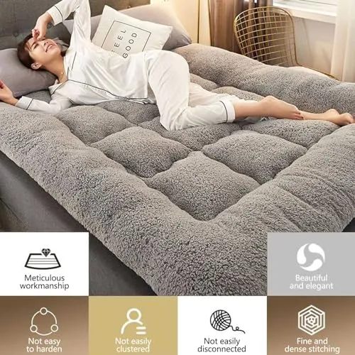 ZFHTAO Japanese Floor Mattress Futon Mattress, Tatami Mat, Roll Up Mattress, Upgraded Ultra Soft Fluffy Foldable Bed Mattress, Thick Sleeping Pad Floor Bed Guest Mattress, Gray-King