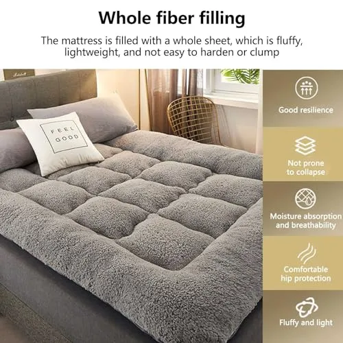 ZFHTAO Japanese Floor Mattress Futon Mattress, Tatami Mat, Roll Up Mattress, Upgraded Ultra Soft Fluffy Foldable Bed Mattress, Thick Sleeping Pad Floor Bed Guest Mattress, Gray-King